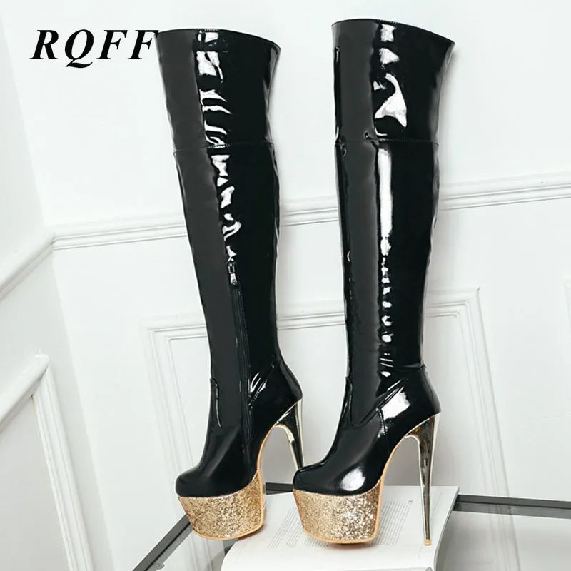 2019 Сезон осень-зима Низкий каблук Сапоги до колена Женская Лакированная кожа на