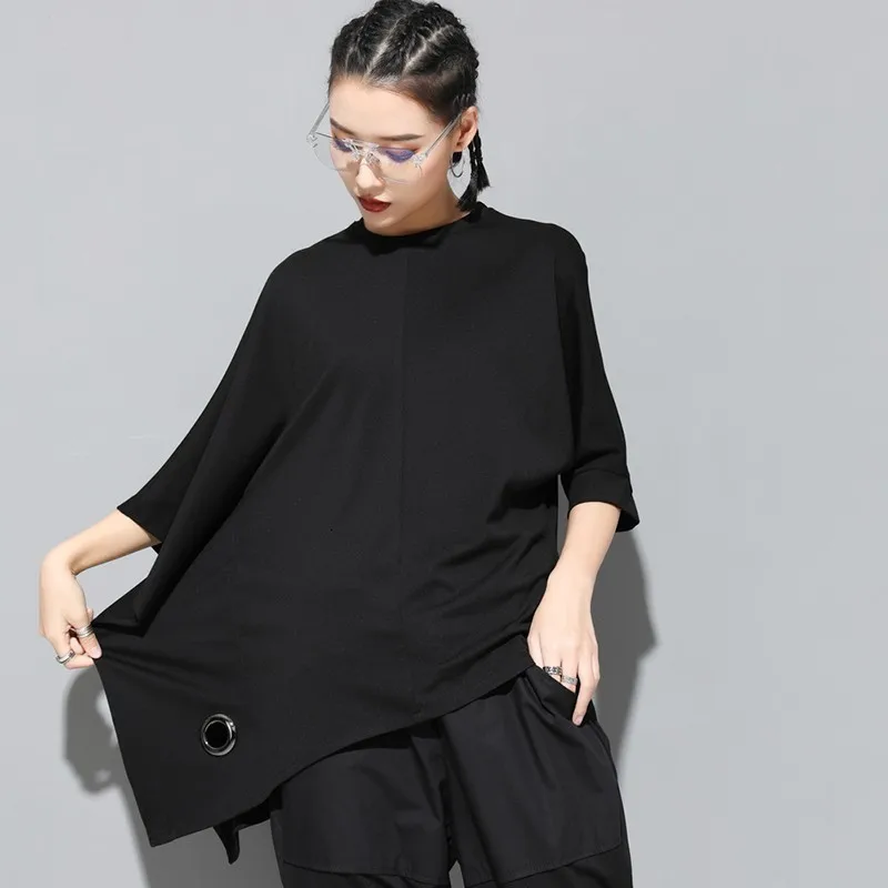 [EAM] новая весенне-летняя черная свободная футболка с круглым вырезом и рукавом летучая мышь большого размера Женская мода JT152