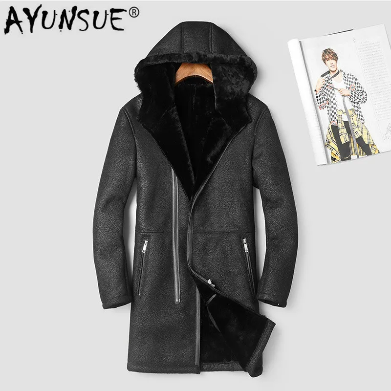 AYUNSUE мужская куртка из натуральной кожи Зимняя овчина мужская куртка с капюшоном Длинная натуральная шерсть шуба 17025-1 KJ2998