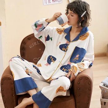 

Pyjamas Female Spring and Autumn Cotton Lovely Loose Student Fresh Large Size Two-piece Long Sleeve Home Suit