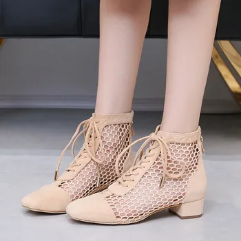 

Summer Hollow Out Sandals Woman Solid Color Leather Square Toe Lace-Up Roman Shoes For Ladies Square-Heeled Breathable Sandals