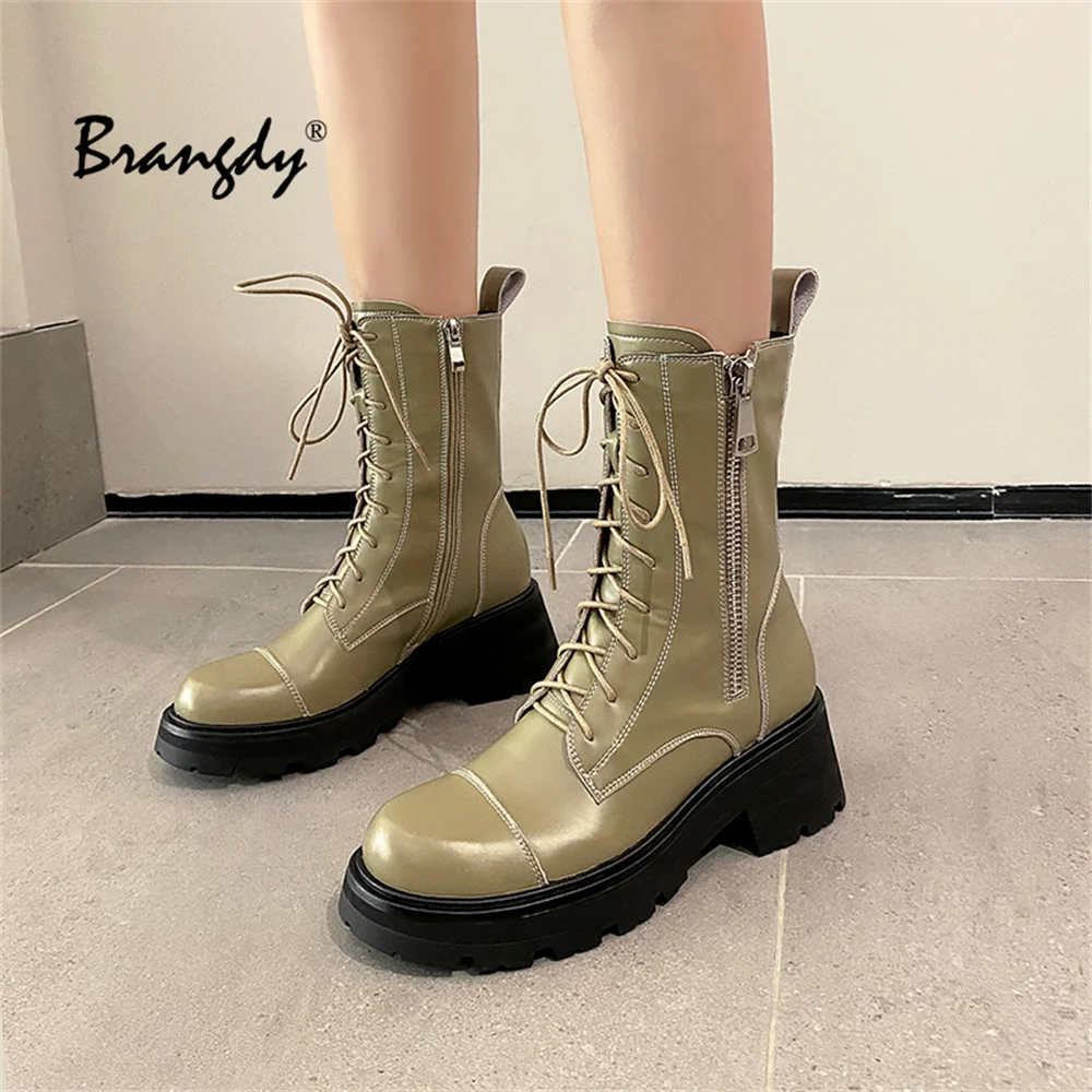 Brangdy Martins Boots For Fashion Ankle Boots Women Cow Leathe Lace-Up Zip Platform Genuine Leather Ladies Winter Boots