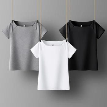 

Cotton Women T-shirt Square Collar Short Sleeve women shirt All match Lady Top Black White Gray Yellow Shir