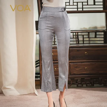 

BOA Houndstooth Satin Silk Elastic Waist Slanting Bag Foot Slit Metal Buckle Close-fitting Bootcut Trousers KJ183
