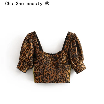 

Chu Sau beauty New Fashion Blogger Style Leopard Print Summer Short Tops Women Casual Chic Puff Sleeve Sexy Crop Shirts Female