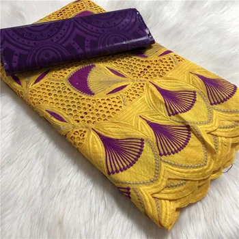 

Purple Guinea Bazin Brocade Damask Fabric with Yellow Soft Swiss Lace for Femme Robe Bazin Riche Brode Fabric 5yards/set ABS30