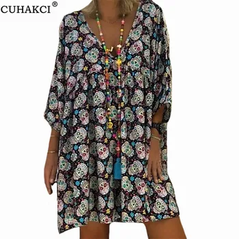 

CUHAKCI Skull Print Summer Bohemian Dress Casual Vestido Midi Women Loose V Neck Beach Sundress 4XL 5XL Plus Size Size Dresses