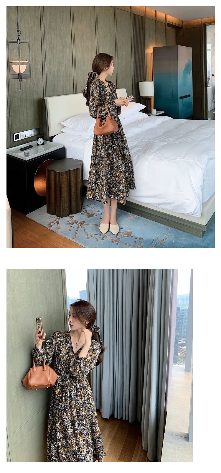 Vintage Print Holiday Boho Dress Women Long Sleeve Robe Femme Autumn Beach Sundress Korean Ladies Fashion Long Dress Vestidos