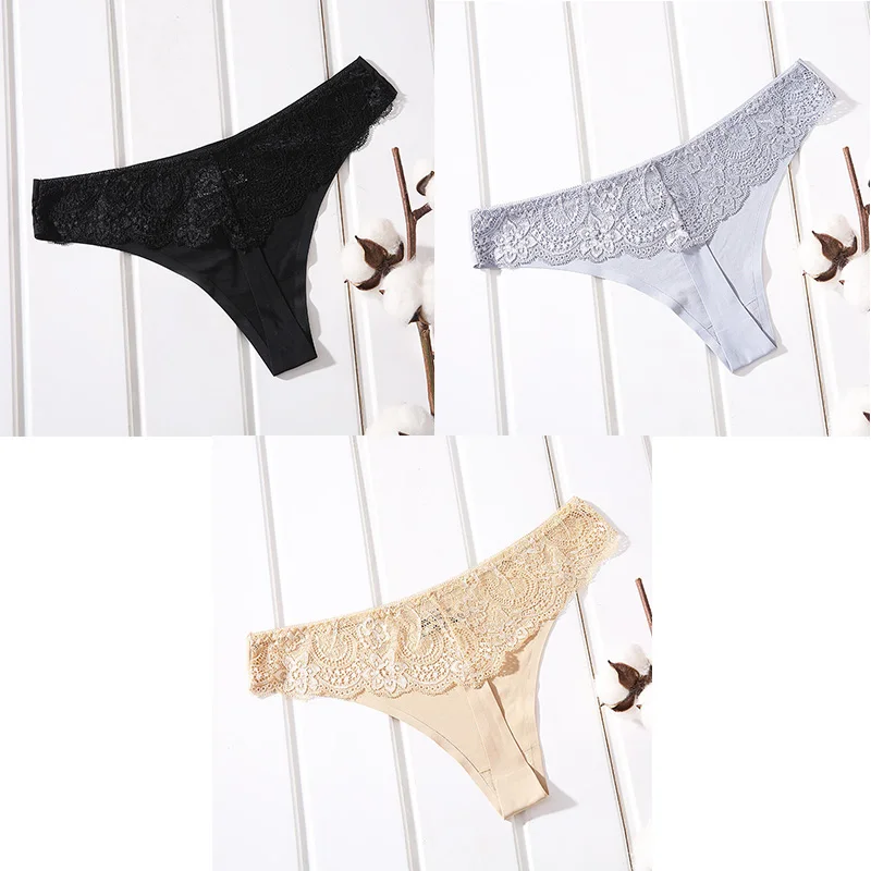 black grey nude Женское нижнее белье, сексуальные кружевные стринги, бесшовные трусики, женские стринги с t-образной спинкой, бесшовные стринги для женщин, нижнее белье, 3 предмета, Aofeiqike - Цвет: black grey nude