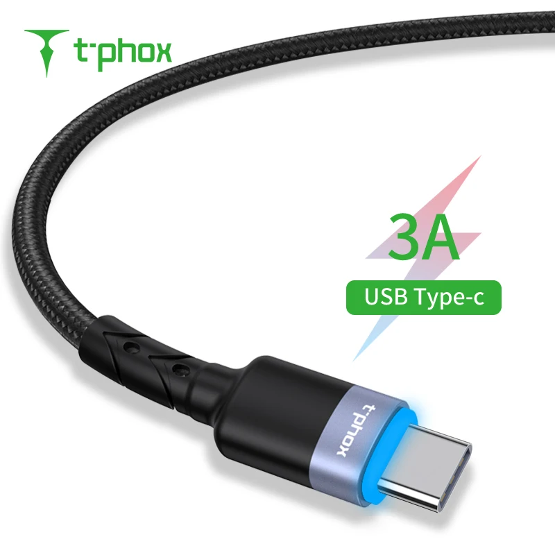 T-phox светодиодный кабель 120 см type C USB C 3A быстрая зарядка и синхронизация данных для телефонов samsung huawei Xiaomi k20 LG oneplus