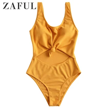 

ZAFUL Ribbed Knotted Cut Out Swimsuit Padded Swimsuit Open Backless Swimsuit Scooped Swimsuit Solid Textured One Piece Swimwear