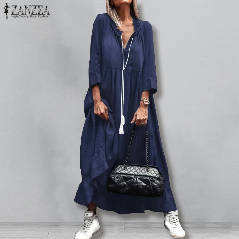 ZANZEA 2020 Casual Long Sleeve Maxi Vestidos Stylish Demin Blue Ruffle Dress Womens Autumn Sundress Female Solid Robe Oversized