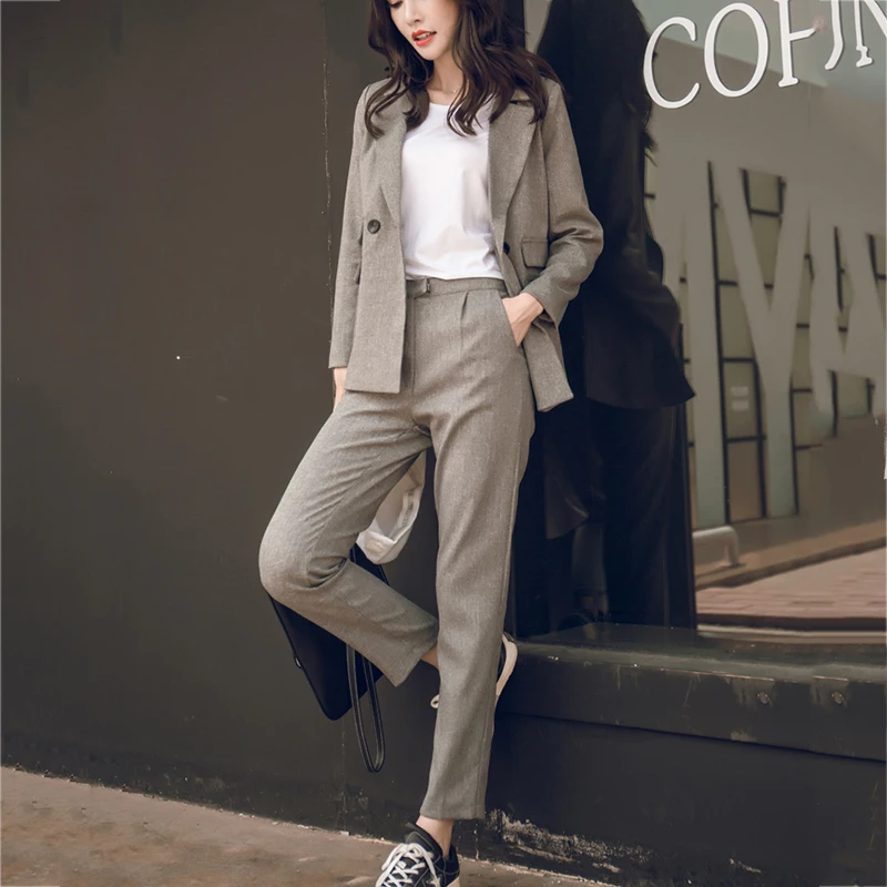 

New Arrival Women Notched Long Sleeve Blazer Elastic Waist Straight Long Pants 2 Piece Set Female Casual Pants Suit S98304F
