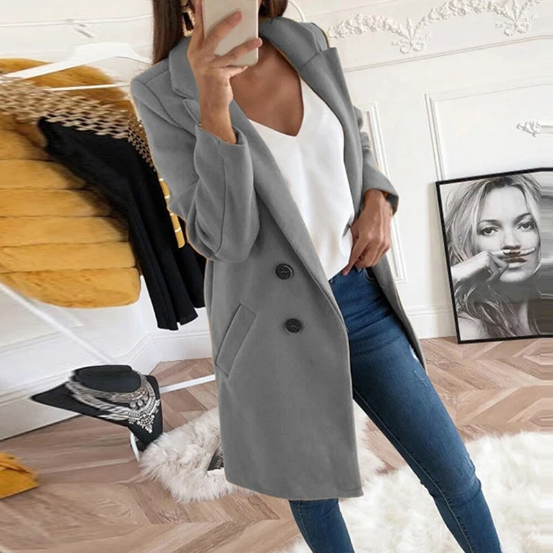 UZZDSS Women Autumn Winter Woollen Coat Long Sleeve Turn-Down Collar Oversize Blazer Outwear Jacket Elegant Overcoats Loose - Цвет: Gray