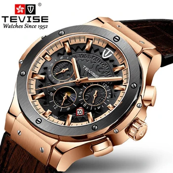

TEVISE Automatic Self-Wind Mechanical Watches Moon Phase Mens Waterproof Watch Top Brand Luxury Rose gold Multifunction clock