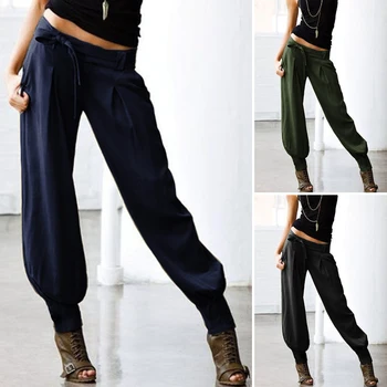 

2020 ZANZEA Women Low Waist Pants Ladies Back Elastic Waist Long Trousers Female Casual Pockets Belted Harem Pantalones Femme