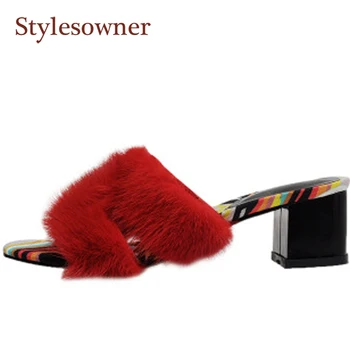 

Fuzzy Slippers For Woman Outside Summer New Fashionable Geometric All-match Open-toe Sheepskin Lining Med Flat Heel Slippers