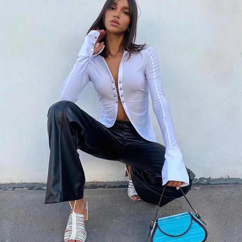 Cryptographic Turn-down Collar Fashion Sexy Cardigan Blouse Shirts Elegant Breasted Women Top Blouse Flare Sleeve White Blusas