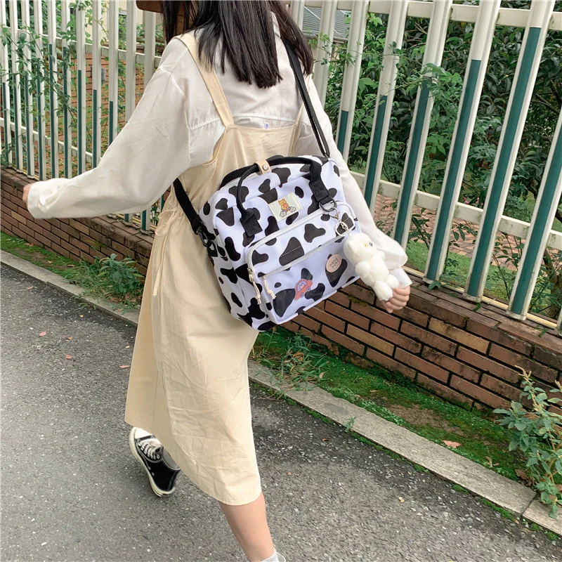 DCIMOR New Lovely Cow Spotted Women Backpack Female Suede Multi-function Travel Bag Transparent Front Pocket Small Schoolbag