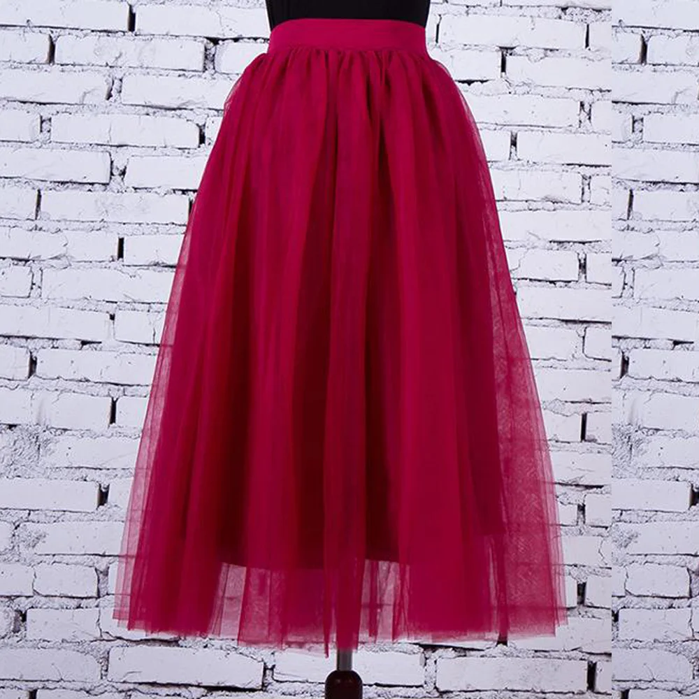 Long Red Tulle Skirt 4 Layers Mid-Length Tutu Skirts Womens Elastic Waist Solid Mesh Midi Skirt Wedding Bridesmaid Party Skirt