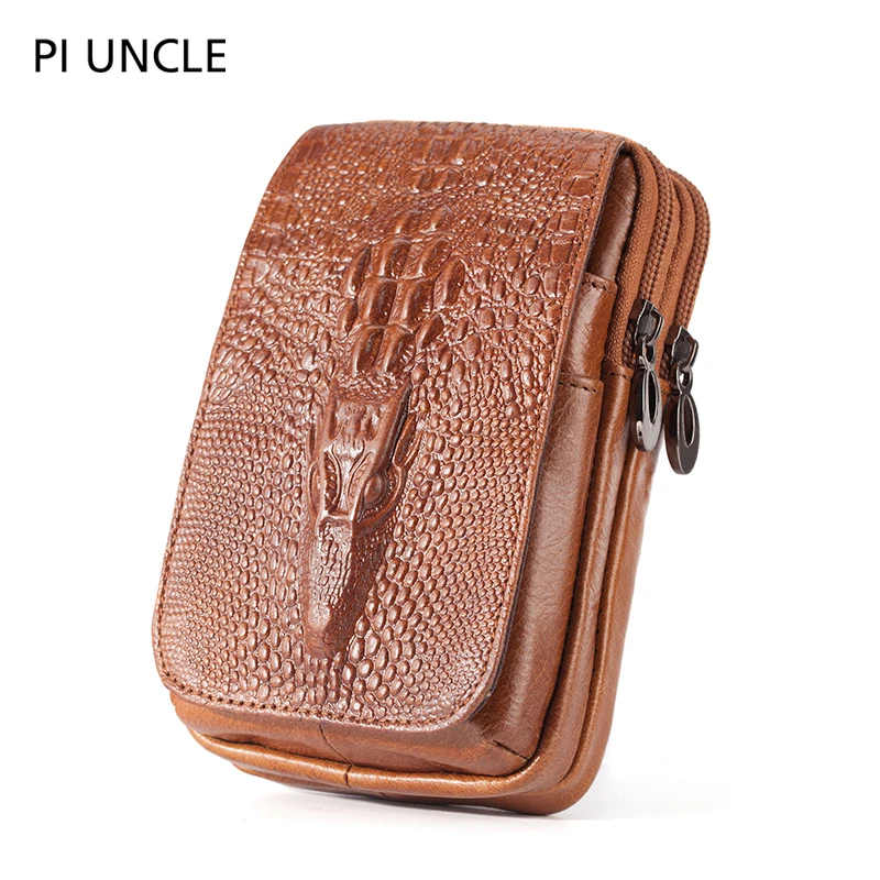 Genuine Leather Men's Waist Fanny Pack Mobile Phone Pouch Soft Cowhide Cross Body Zipper Money Purses Hip Bum Belt Bags For Men - Color: Small yellow brown