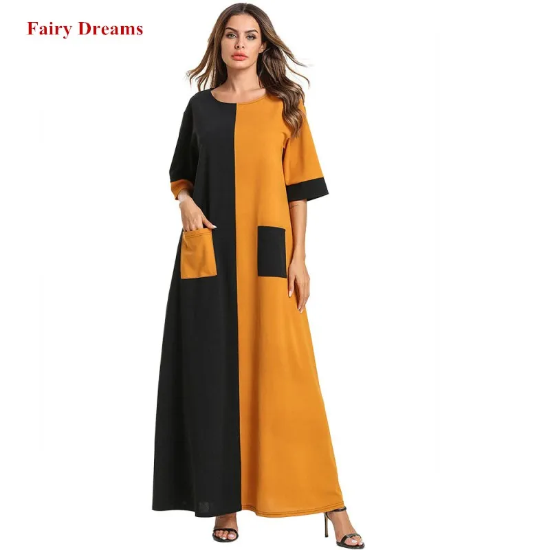 Женское мусульманское платье Abaya желтое черное кафтан с карманами одежда
