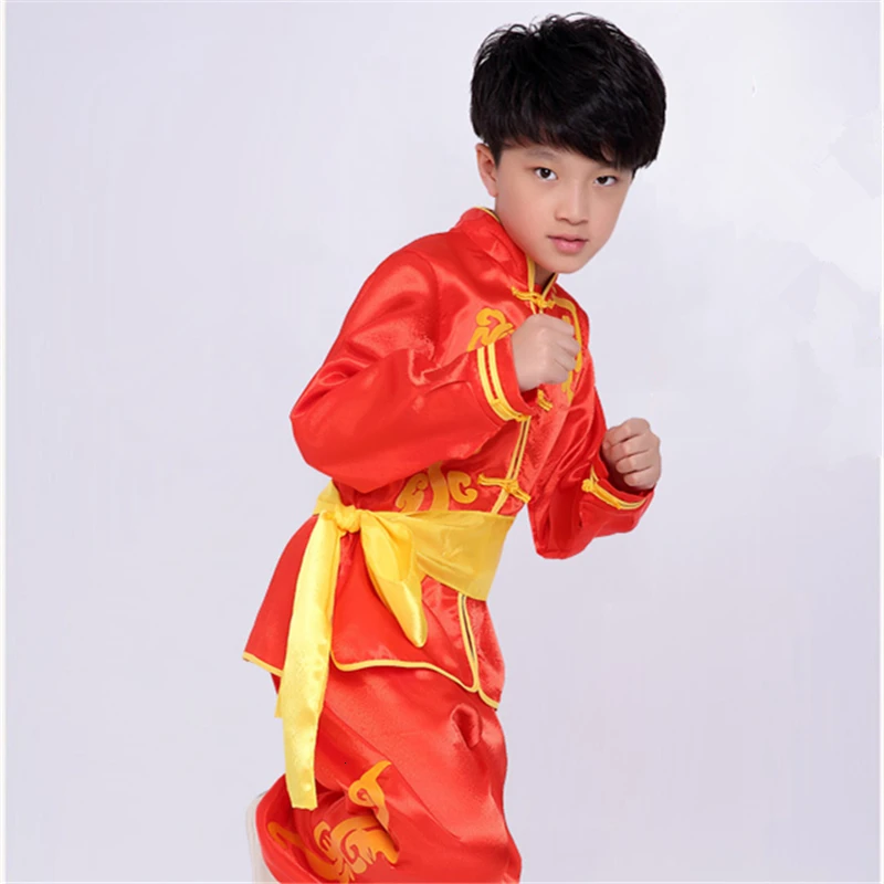 Traditional Chinese Style Kung Fu Wushu Clothing Kids Stage Party Performance Team Dance Wear Hanfu Tai Chi Competition Uniforms - Цвет: Red long