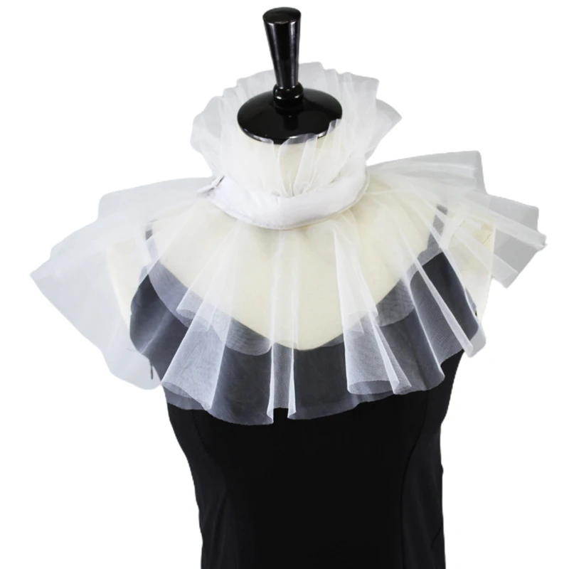 

Women Victorian Mesh Ruffled Fake Stand Collar Tulle Button Clown Choker Shawl