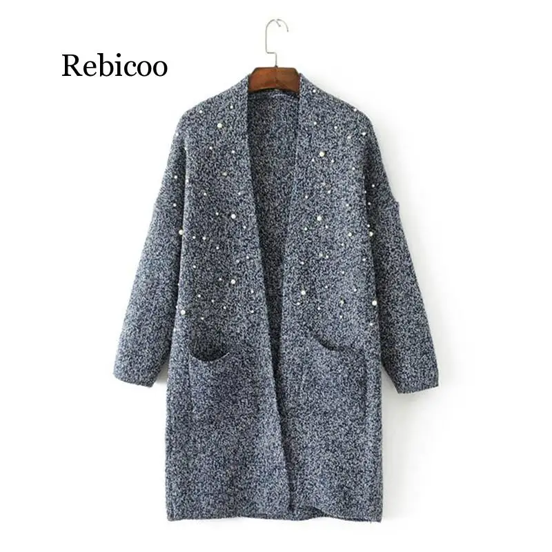 Long Pearl Cashmere Cardigan Sweater Women Wool Long Sleeve Open Stitch Knitted lady's Sweater Cardigans V neck Jacket Coat