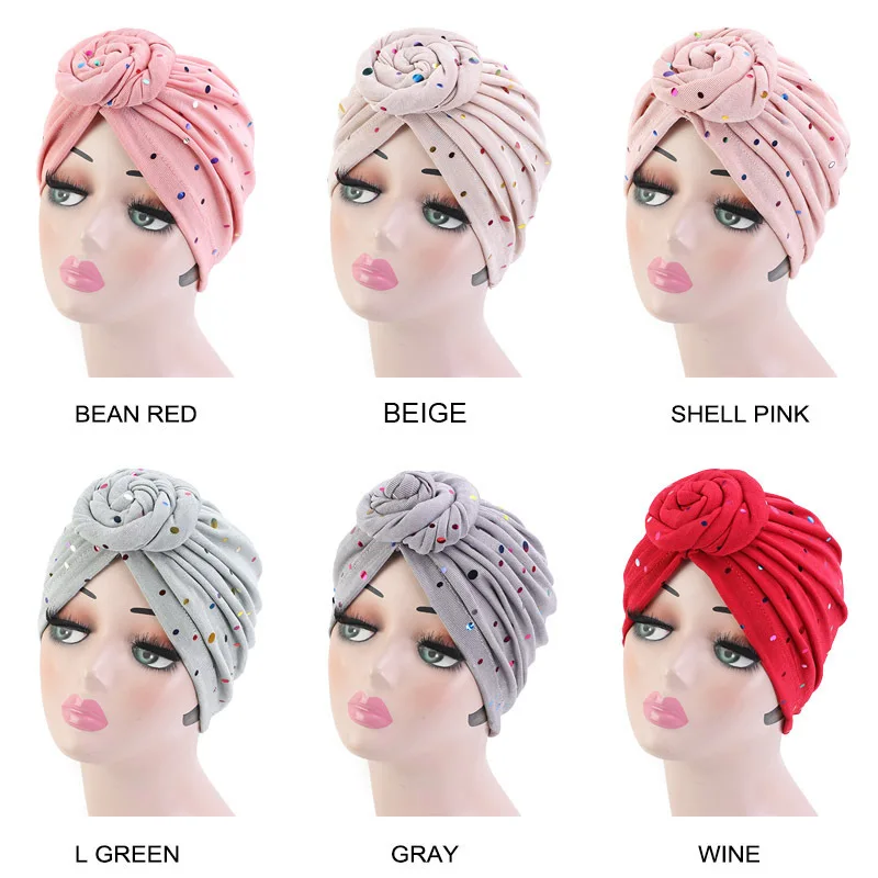 

2020 Stretch Donut Turban Caps For Women Muslim Cotton Hijab Cap African Headscarf Bonnet Hat Ladies Sequins Headband Turbans