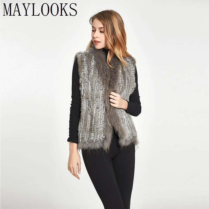 2018 Maylooks Женские Вязаные жилеты из натурального кроличьего меха/жилет/пальто с