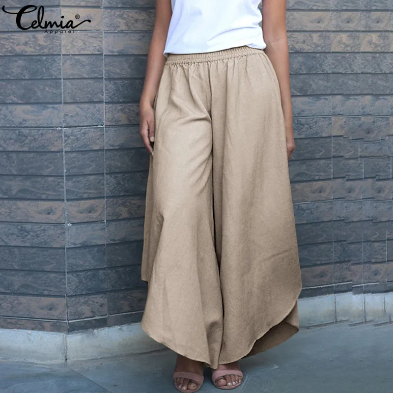 

Celmia 2019 Women Fashion Linen Wide Leg Pant Ladies High Elastic Waist Solid Long Trouser Plus Size Elegant Asymmetrical Bottom