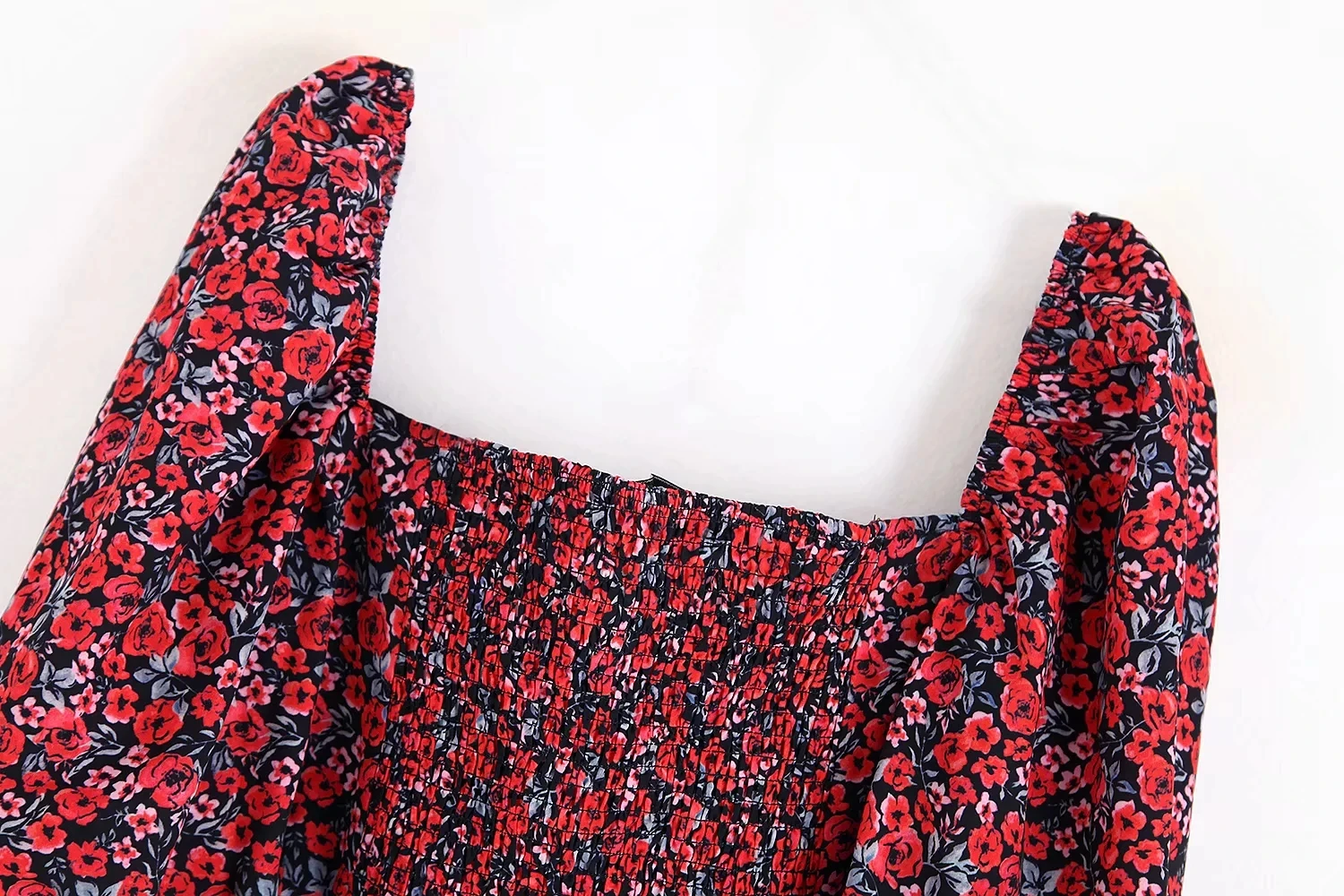 Flower Printingt Square Collar Women Slim Shirt Crop Tops Autumn Leisure Lady Puff Sleeve Blouse S6569