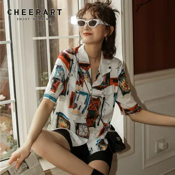 

CHEERART Baroque Vintage Blouse Summer Short Sleeve Button Up Shirt Print Loose Notched Collared Top And Blouse Clothing