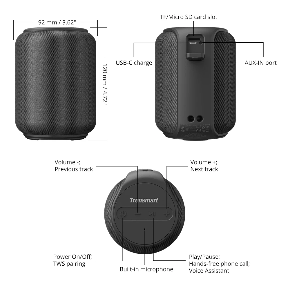 Tronsmart T6 Мини Bluetooth динамик TWS динамик s IPX6 Беспроводная Портативная колонка с объемным звуком 360 градусов, голосовой помощник