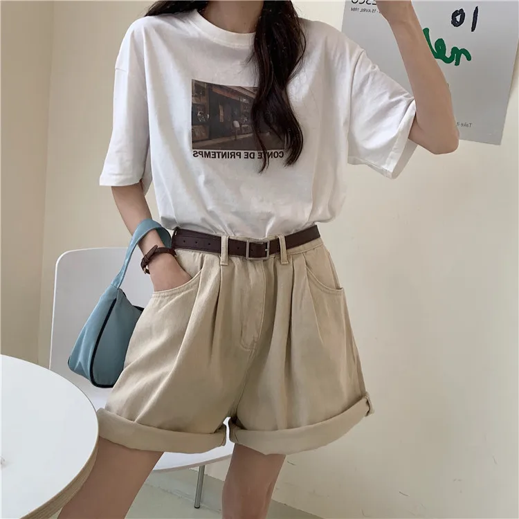 Women's Denim Shorts Rolled Hem Pleated Summer Jeans Short Super Loose Hot Shorts Pockets Jeans Beige Holiday Beach Trendy Wear