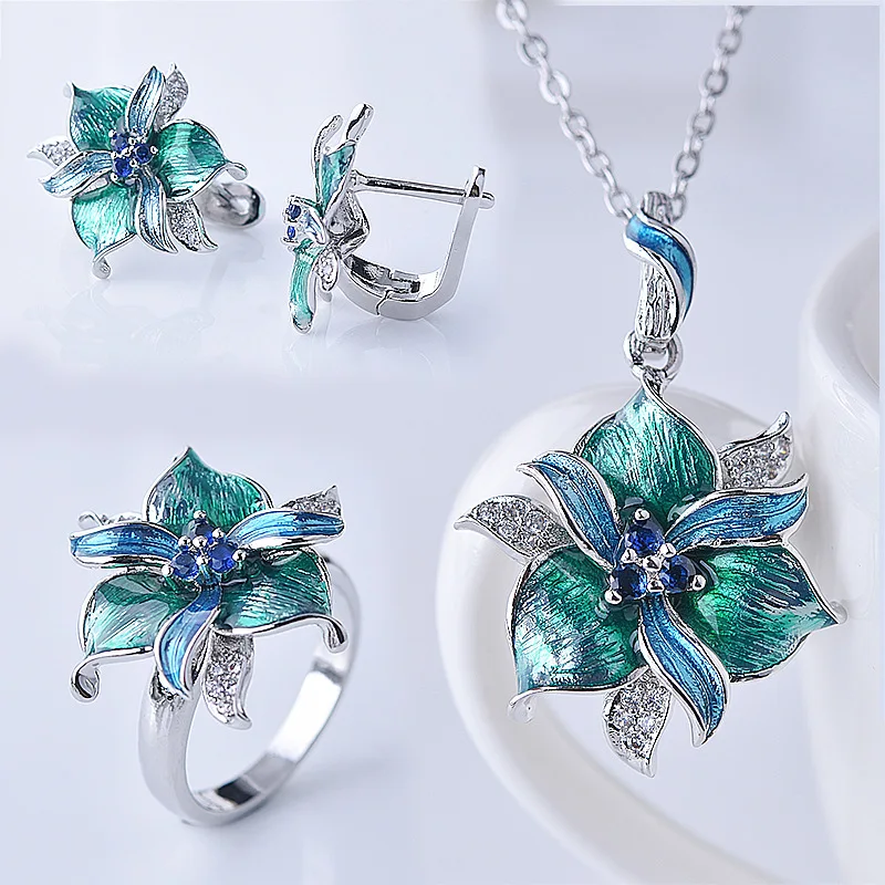 

Vintage Enamel Flower Ring & Necklace Jewelry Sets Epoxy Crafts Fashion Women Jewelry for Party Gifts Wholesale