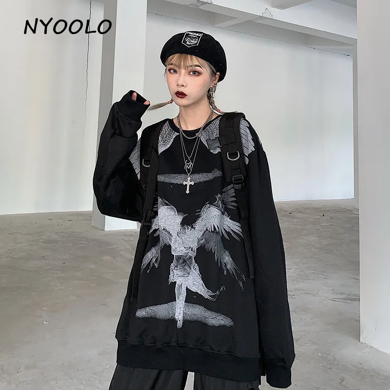 NYOOLO Harajuku стиль Винтаж Крылья девушка печати толстовка осень уличная свободная длинный рукав o-образным вырезом пуловеры Толстовка для женщин и мужчин