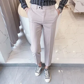 

Men Business Casual Slim Fit Suit Pant Male Solid Color Vintage Fashion Ankle-length Pant Trousers