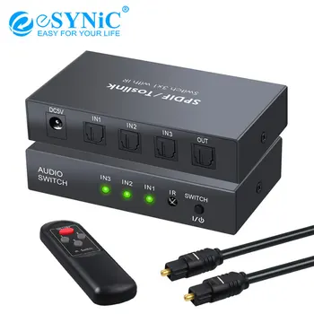 

eSYNiC Digital Optical Audio Switcher With Optical Cable IR Remote Control For PCM2.0 DTS 3x1 SPDIF Toslink Switch Box Switcher