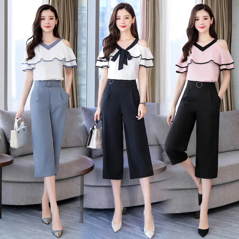

Off-Shoulder V-neck Flounced Fashion 2019 Summer Two-Piece Set-Style Loose Pants