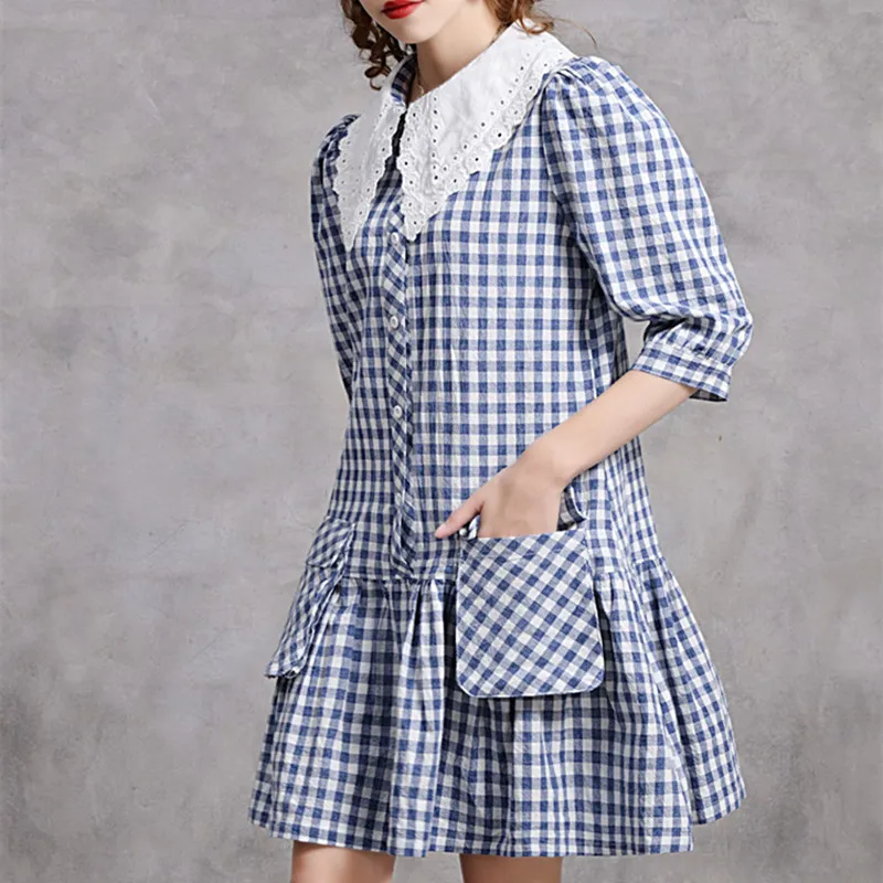 В клетку в стиле ретро платье с воротничком для куклы женский рюшами на рукавах