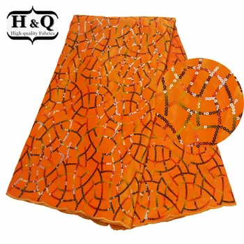 

H&Q Orange French Lace Fabric African Velvet Lace Fabric with Sequins 5Yards Colorful Sequins Lace Fabric For Wedding Decoration
