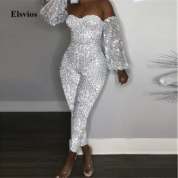 

Elsvios Sexy Glitter Sequin Off Shoulder Jumpsuit Autumn Lantern Long Sleeve Overalls Rompers Women Bodycon Playsuit Clubwear