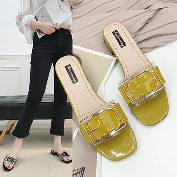 

Female Shoes Slippers Casual Slides Med Low 2020 Luxury Soft PVC Hoof Heels Rome PU Rubber Fashion Shoes Womens Slippers