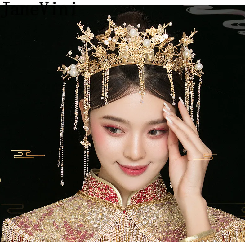JaneVini традиционная китайская невеста головной убор оголовье металлические длинные заколки для волос с кисточкой Hairwear лоб аксессуары для свадебной прически золото
