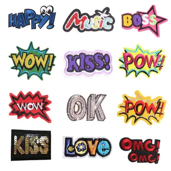 

English Letters Patches Embroidery Iron On Patch Stripes Clothing DIY Stickers Sew On Clothes Denim Jacket Sequin Appliques F