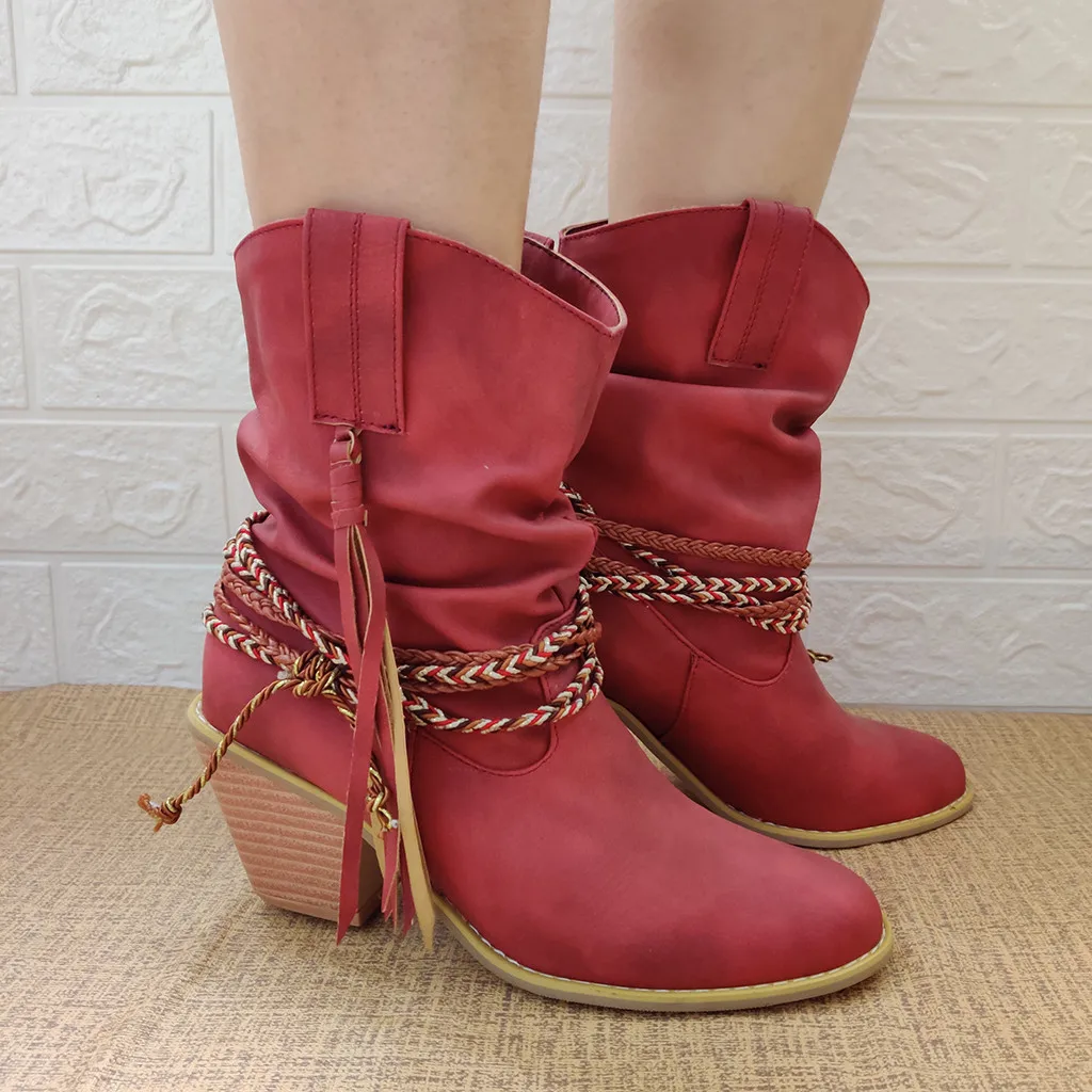 Gladiator Women's Rome Motorcycle Boots Winter Wide Calf Leather Short Boot Vintage Female Western High Heel Cowboy Shoes Tassel