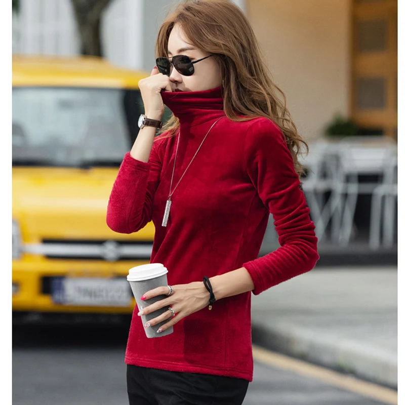 Blusa футболка женская плюс бархатная Толстая Водолазка Осень Зима Женская футболка с длинным рукавом футболка размера плюс женская одежда