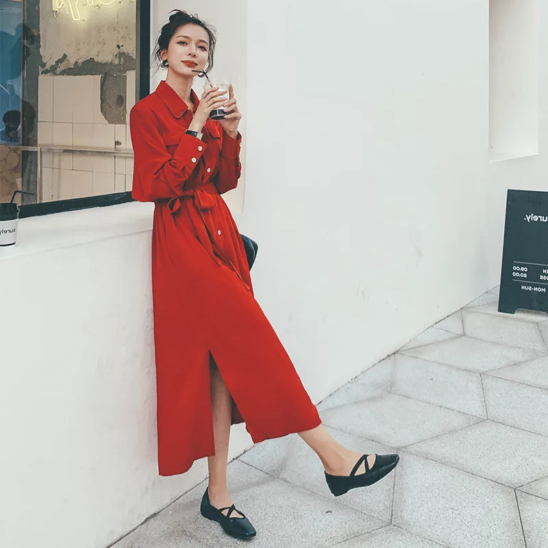 

Photo Shoot Red Dress Women's Mid-length 2020 Spring New Style Loose-Fit Hepburn Wind Chiffon Long Sleeve A- line Skirt Sub-